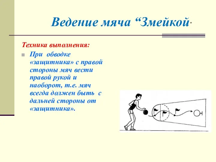 Техника выполнения: При обводке «защитника» с правой стороны мяч вести правой рукой