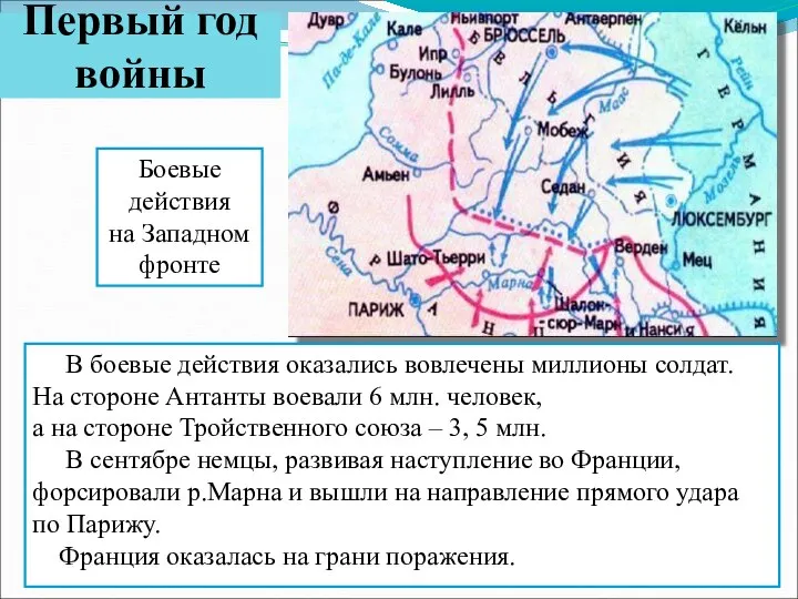 Боевые действия на Западном фронте В боевые действия оказались вовлечены миллионы солдат.