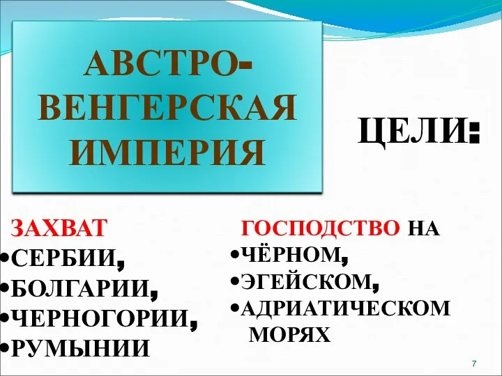 АВСТРО- ВЕНГЕРСКАЯ ИМПЕРИЯ ЦЕЛИ: ЗАХВАТ СЕРБИИ, БОЛГАРИИ, ЧЕРНОГОРИИ, РУМЫНИИ ГОСПОДСТВО НА ЧЁРНОМ, ЭГЕЙСКОМ, АДРИАТИЧЕСКОМ МОРЯХ