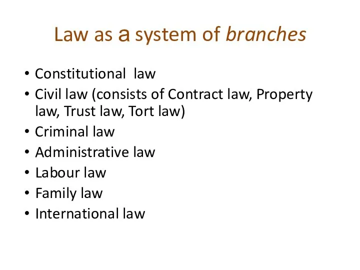 Law as а system of branches Constitutional law Civil law (consists of