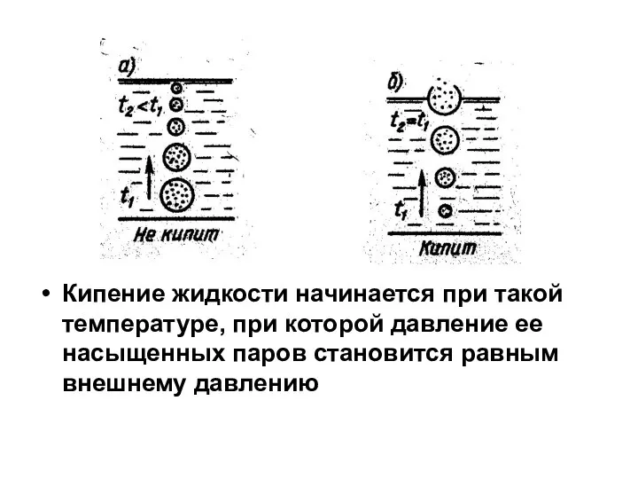 Кипение жидкости начинается при такой температуре, при которой давление ее насыщенных паров становится равным внешнему давлению