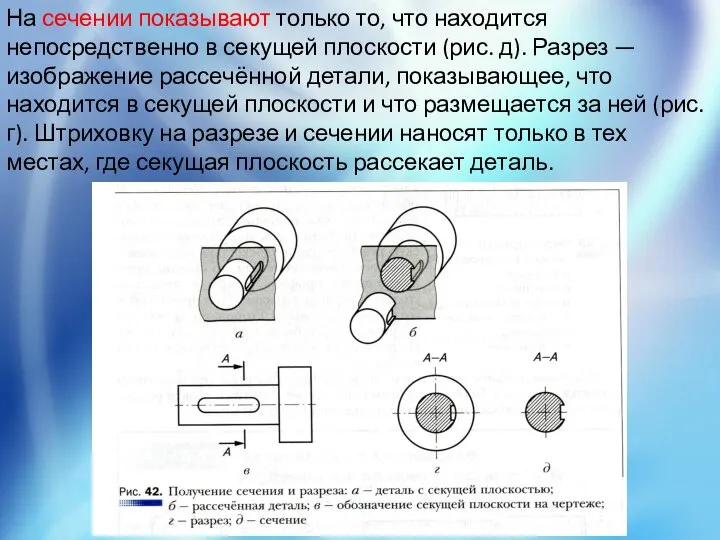 На сечении показывают только то, что находится непосредственно в секущей плоскости (рис.