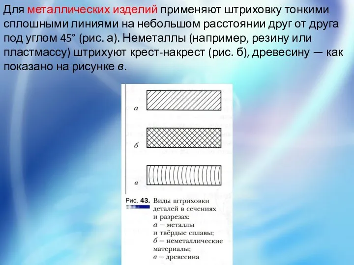 Для металлических изделий применяют штриховку тонкими сплошными линиями на небольшом расстоянии друг