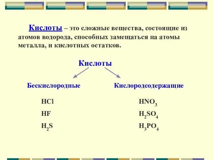 Кислоты – это сложные вещества, состоящие из атомов водорода, способных замещаться на