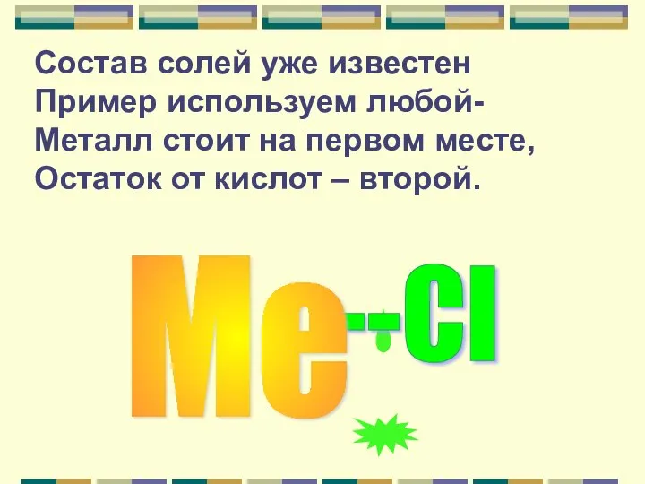 Состав солей уже известен Пример используем любой- Металл стоит на первом месте,