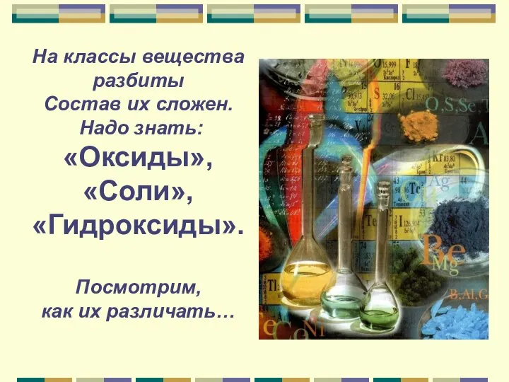 На классы вещества разбиты Состав их сложен. Надо знать: «Оксиды», «Соли», «Гидроксиды». Посмотрим, как их различать…