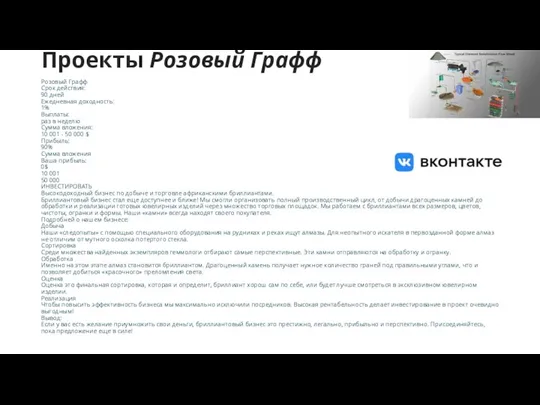 Проекты Розовый Графф Pозовый Графф Срок действия: 90 дней Ежедневная доходность: 1%