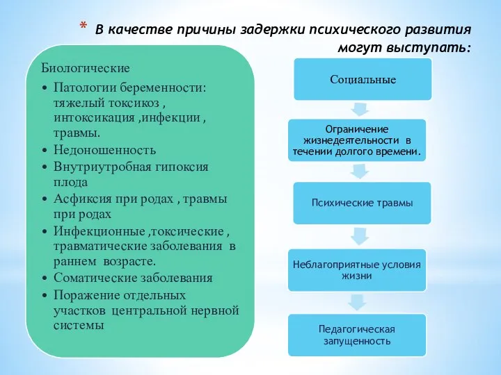 В качестве причины задержки психического развития могут выступать: