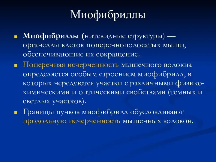 Миофибриллы Миофибриллы (нитевидные структуры) — органеллы клеток поперечнополосатых мышц, обеспечивающие их сокращение.