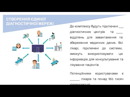 СТВОРЕННЯ ЄДИНОЇ ДІАГНОСТИЧНОЇ МЕРЕЖІ До комплексу будуть підключені ___ діагностичних центрів та