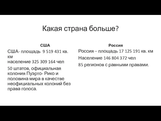 Какая страна больше? США США- площадь 9 519 431 кв.км население 325