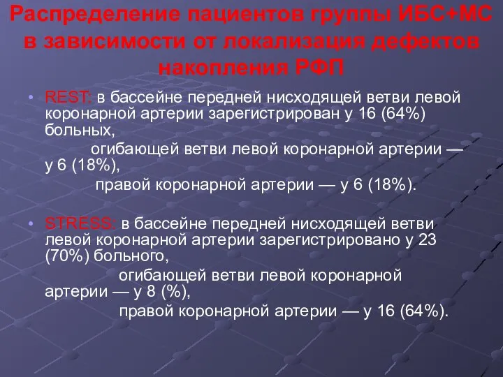 Распределение пациентов группы ИБС+МС в зависимости от локализация дефектов накопления РФП REST: