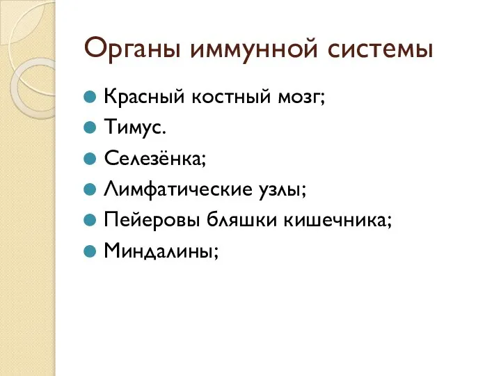 Органы иммунной системы Красный костный мозг; Тимус. Селезёнка; Лимфатические узлы; Пейеровы бляшки кишечника; Миндалины;