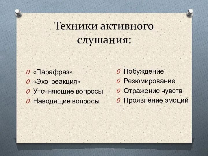 Техники активного слушания: «Парафраз» «Эхо-реакция» Уточняющие вопросы Наводящие вопросы Побуждение Резюмирование Отражение чувств Проявление эмоций