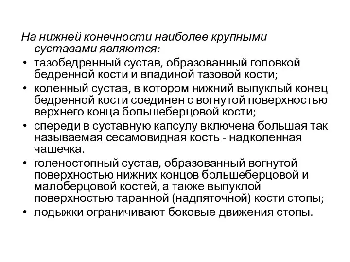 На нижней конечности наиболее крупными суставами являются: тазобедренный сустав, образованный головкой бедренной