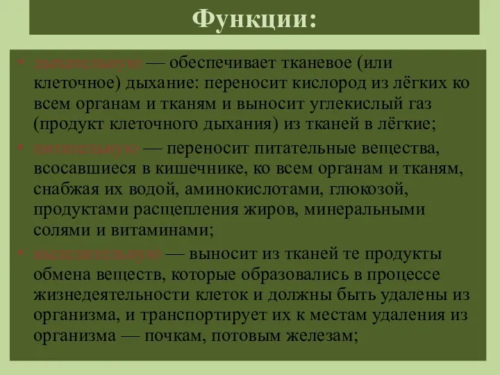 Функции: дыхательную — обеспечивает тканевое (или клеточное) дыхание: переносит кислород из лёгких