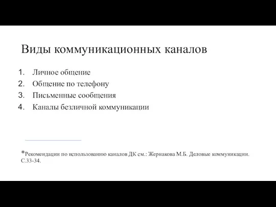 Виды коммуникационных каналов Личное общение Общение по телефону Письменные сообщения Каналы безличной