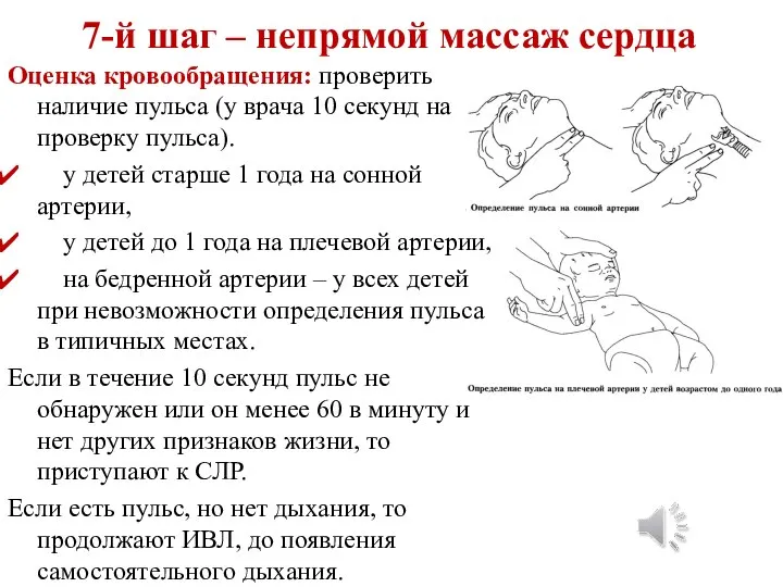 7-й шаг – непрямой массаж сердца Оценка кровообращения: проверить наличие пульса (у