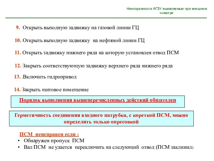 Неисправности АГЗУ выявляемые при внешнем осмотре 9. Открыть выходную задвижку на газовой