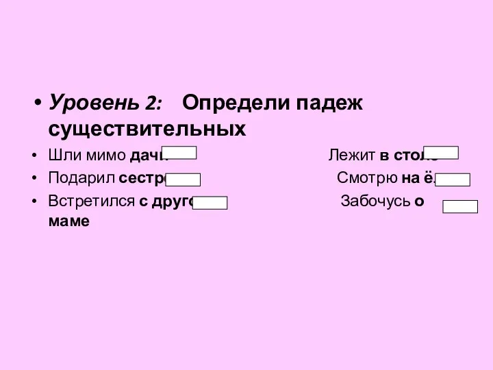 Уровень 2: Определи падеж существительных Шли мимо дачи Лежит в столе Подарил