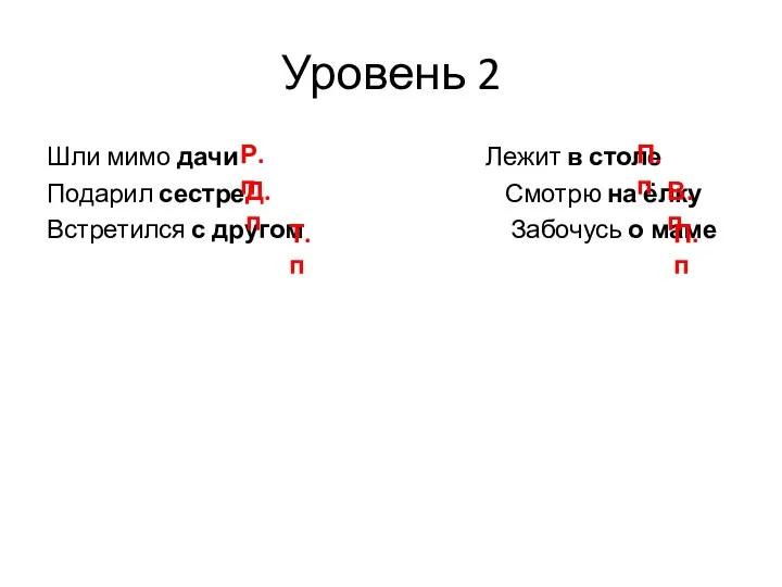 Уровень 2 Шли мимо дачи Лежит в столе Подарил сестре Смотрю на