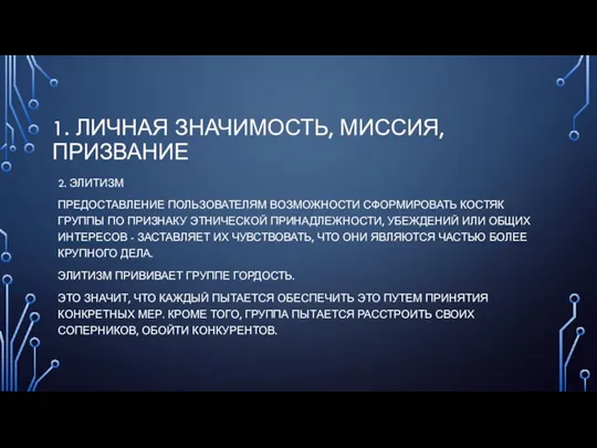 1. ЛИЧНАЯ ЗНАЧИМОСТЬ, МИССИЯ, ПРИЗВАНИЕ 2. ЭЛИТИЗМ ПРЕДОСТАВЛЕНИЕ ПОЛЬЗОВАТЕЛЯМ ВОЗМОЖНОСТИ СФОРМИРОВАТЬ КОСТЯК