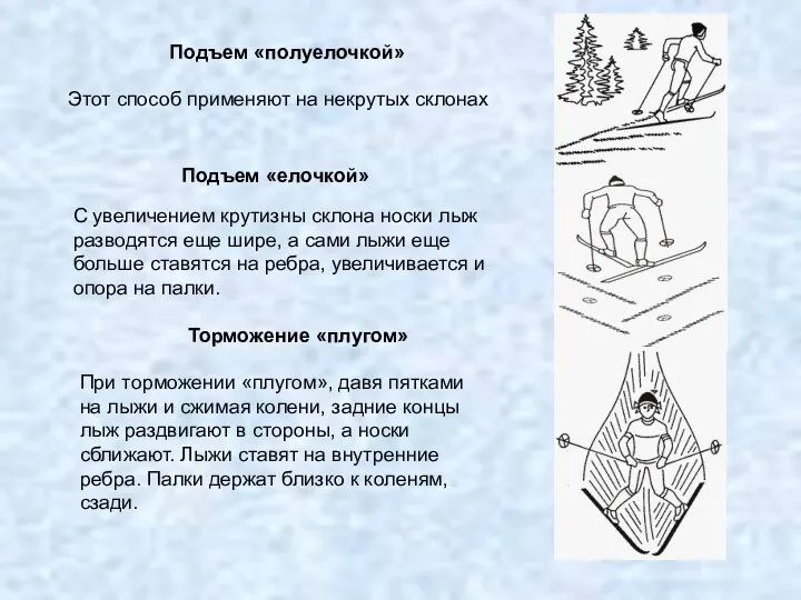 Подъем «полуелочкой» Этот способ применяют на некрутых склонах Подъем «елочкой» С увеличением