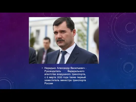 Нерадько Александр Васильевич -Руководитель Федерального агентства воздушного транспорта, с 6 марта 2020