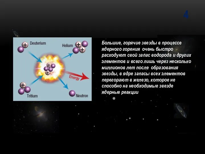 4 Большие, горячие звезды в процессе ядерного горения очень быстро расходуют свой
