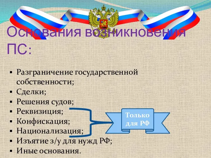 Основания возникновения ПС: Разграничение государственной собственности; Сделки; Решения судов; Реквизиция; Конфискация; Национализация;