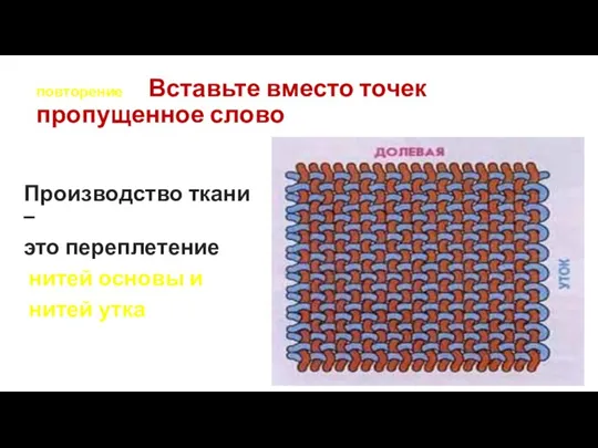 повторение Вставьте вместо точек пропущенное слово Производство ткани – это переплетение нитей основы и нитей утка