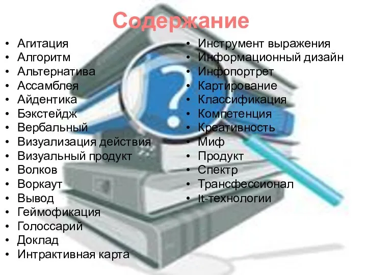 Содержание Агитация Алгоритм Альтернатива Ассамблея Айдентика Бэкстейдж Вербальный Визуализация действия Визуальный продукт