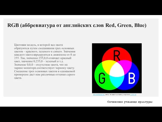 RGB (аббревиатура от английских слов Red, Green, Blue) Цветовая модель, в которой