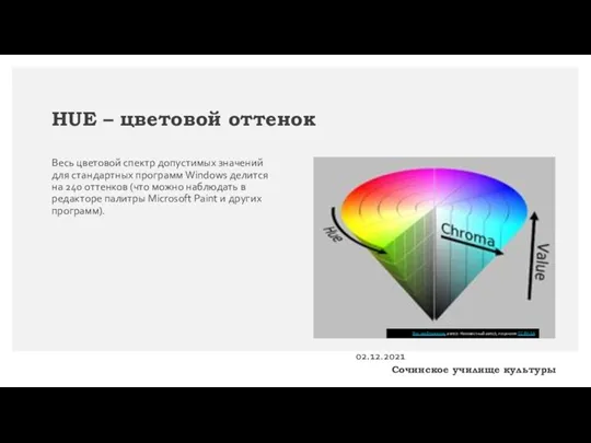 HUE – цветовой оттенок Весь цветовой спектр допустимых значений для стандартных программ
