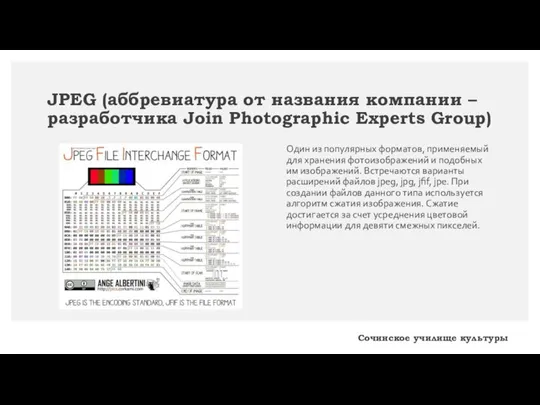 JPEG (аббревиатура от названия компании – разработчика Join Photographic Experts Group) Один