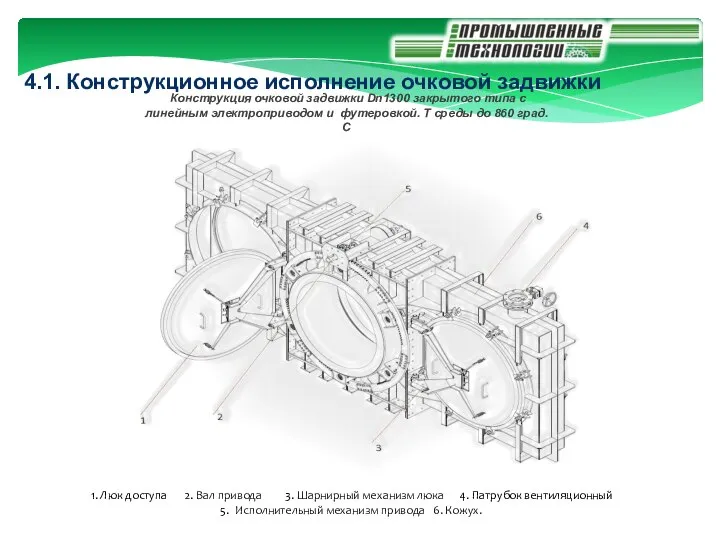 Конструкция очковой задвижки Dn1300 закрытого типа с линейным электроприводом и футеровкой. Т