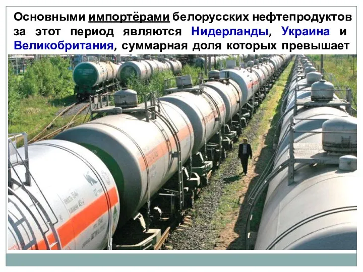 Основными импортёрами белорусских нефтепродуктов за этот период являются Нидерланды, Украина и Великобритания,