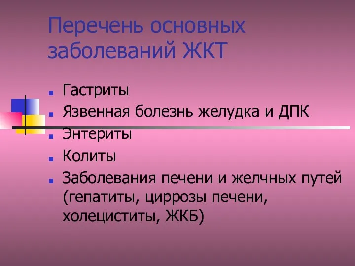 Перечень основных заболеваний ЖКТ Гастриты Язвенная болезнь желудка и ДПК Энтериты Колиты