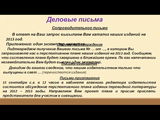 Деловые письма Сопроводительное письмо В ответ на Ваш запрос высылаем Вам каталог