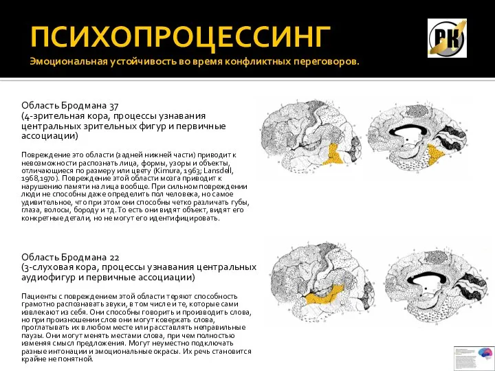 ПСИХОПРОЦЕССИНГ Эмоциональная устойчивость во время конфликтных переговоров. Область Бродмана 37 (4-зрительная кора,