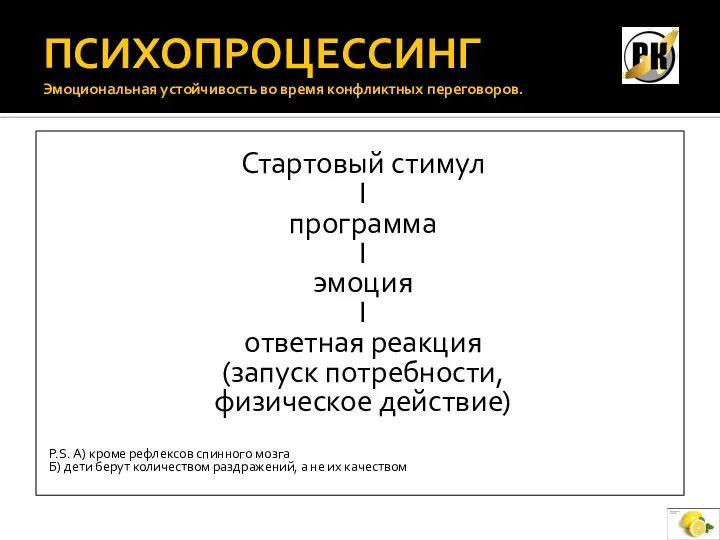 ПСИХОПРОЦЕССИНГ Эмоциональная устойчивость во время конфликтных переговоров. Стартовый стимул I программа I