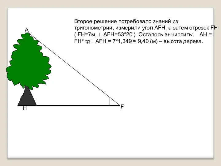 Второе решение потребовало знаний из тригонометрии, измерили угол АFН, а затем отрезок