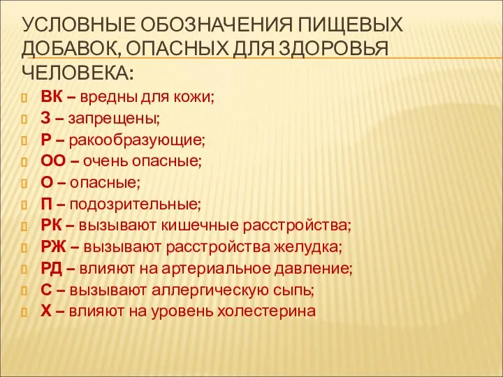 УСЛОВНЫЕ ОБОЗНАЧЕНИЯ ПИЩЕВЫХ ДОБАВОК, ОПАСНЫХ ДЛЯ ЗДОРОВЬЯ ЧЕЛОВЕКА: ВК – вредны для