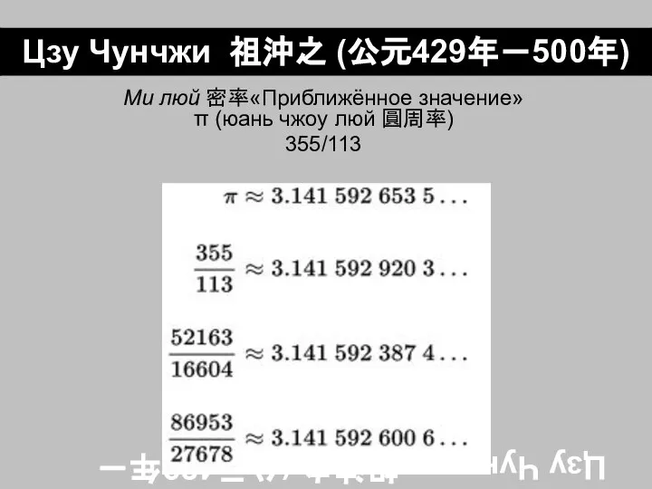 Цзу Чунчжи 祖沖之 (公元429年－500年) Ми люй 密率«Приближённое значение» π (юань чжоу люй 圓周率) 355/113