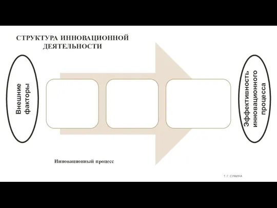 Т. Г. СУМИНА СТРУКТУРА ИННОВАЦИОННОЙ ДЕЯТЕЛЬНОСТИ Инновационный процесс Эффективность инновационного процесса Внешние факторы