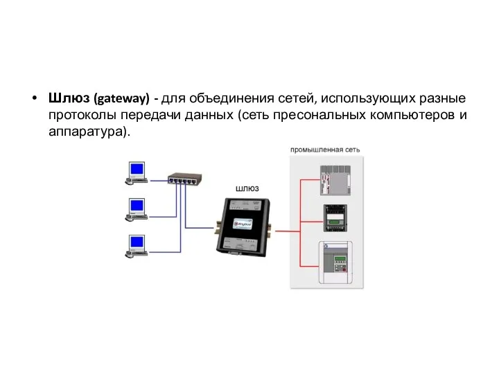 Шлюз (gateway) - для объединения сетей, использующих разные протоколы передачи данных (сеть пресональных компьютеров и аппаратура).