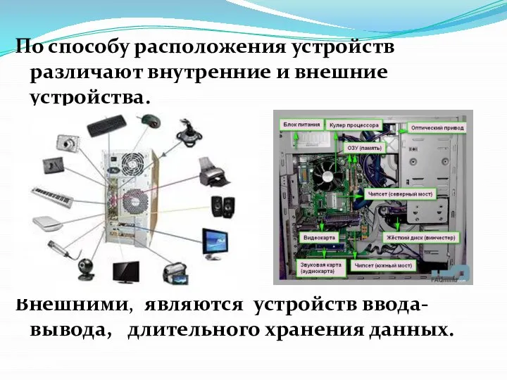 По способу расположения устройств различают внутренние и внешние устройства. Внешними, являются устройств ввода-вывода, длительного хранения данных.