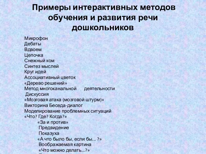 Примеры интерактивных методов обучения и развития речи дошкольников Микрофон Дебаты Вдвоем Цепочка