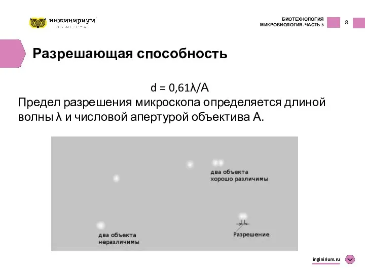 8 inginirium.ru Разрешающая способность d = 0,61λ/А Предел разрешения микроскопа определяется длиной