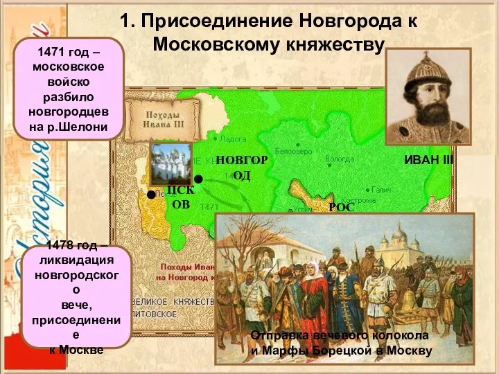 1471 год – московское войско разбило новгородцев на р.Шелони 1478 год –